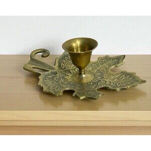 Vtg Brass Maple Leaf Taper Candle Holder Etched Ornate Match Rest